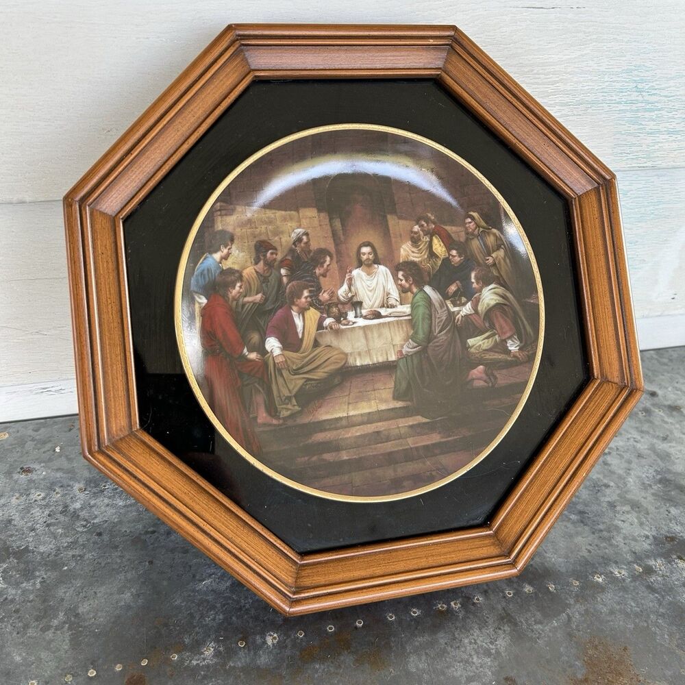 Vintage Framed Last Supper Plate 23K Gold Wood Hexagon Marchetti Christian Jesus